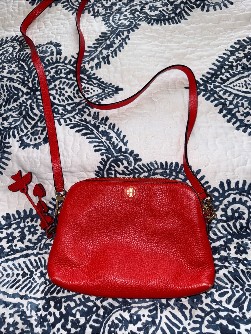 Tory Burch Red Pebbled Leather Crossbody with Flower Charm